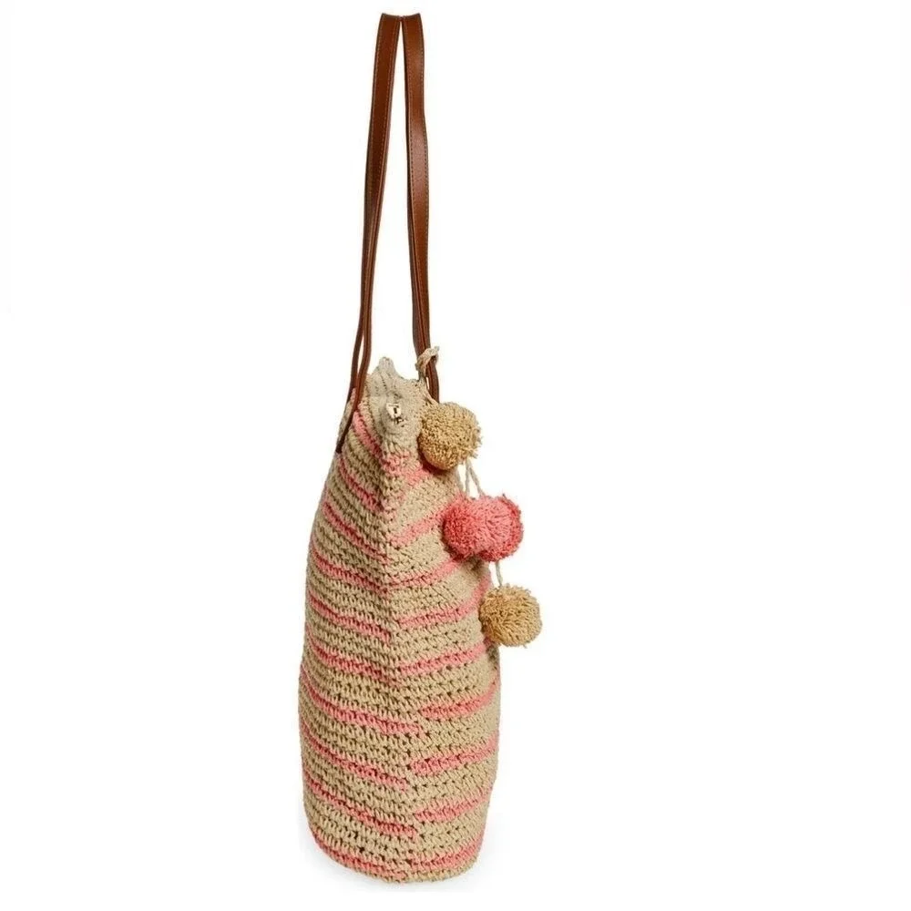 btb Los Angeles Lucy Tote, Straw Woven Pom Pom Vacation Beach‎ Bag, Natural, NWT